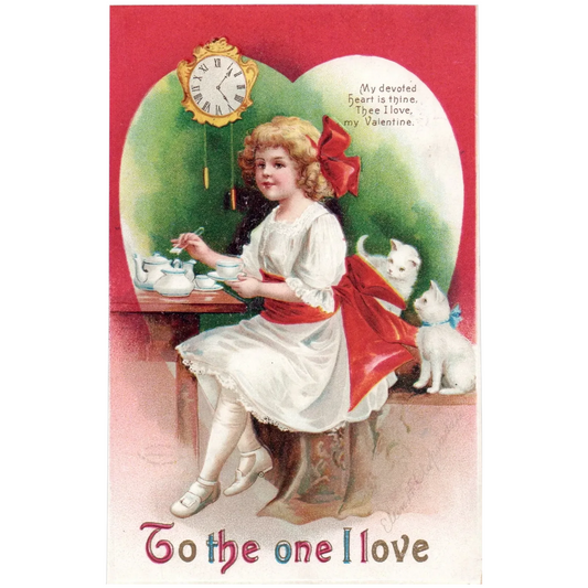 Clapsaddle To The One I Love Little Girl With Tea Kittens Valentine Postcard