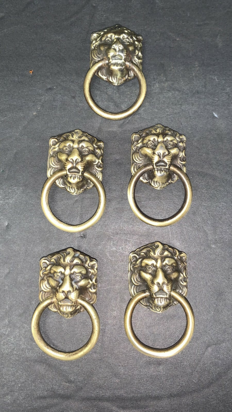 LOT OF 5 ANTIQUE VINTAGE BRASS LION’S HEAD DRAWER RING PULLS SALVAGE