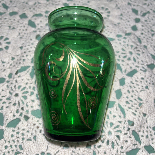 Vintage MCM Mini Glass Bud Vase 3.75" Anchor Hocking Emerald Green Gold Trim