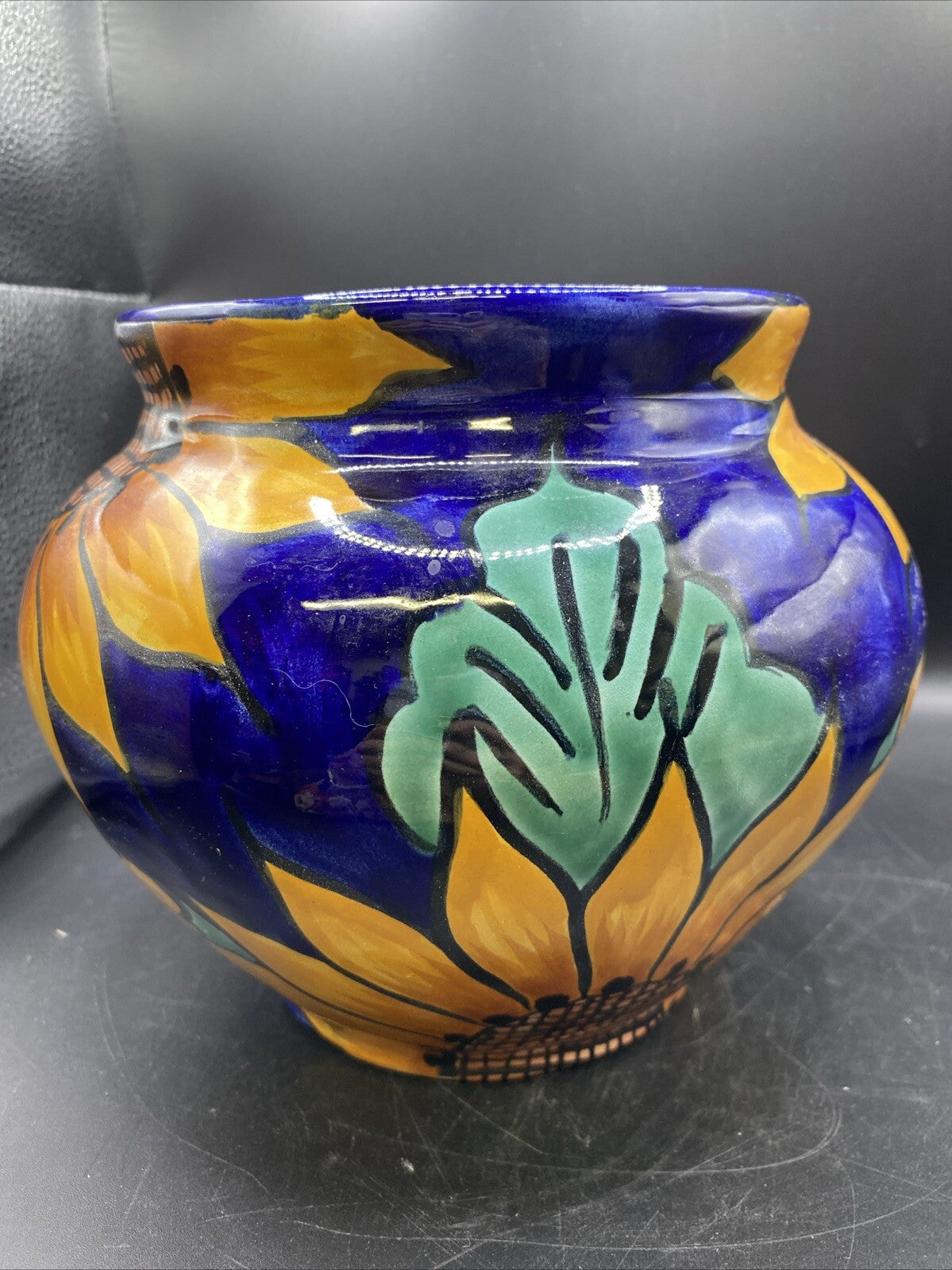 VTG 7" tall Terracotta Pottery Planter Vase Mexican Talavera 1980's Sunflower