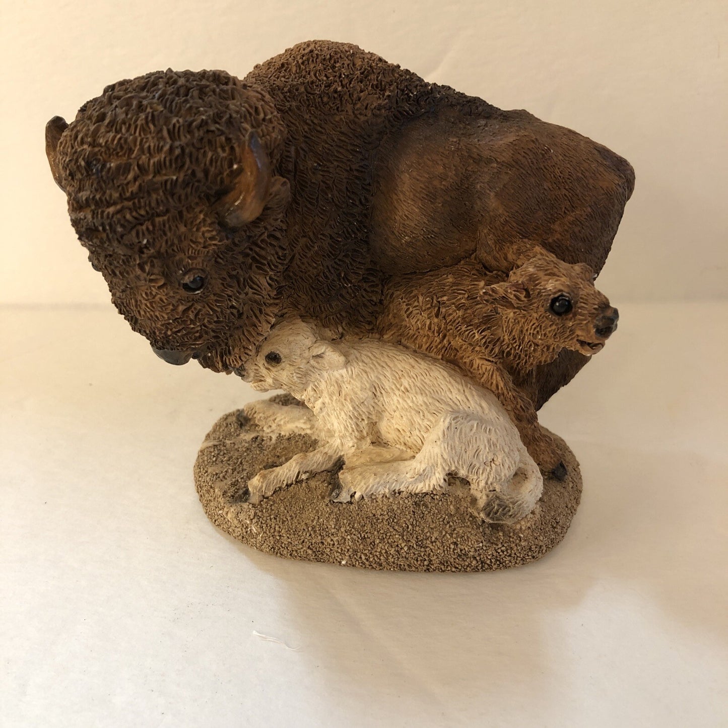 Bison Buffalo with Two Calves White and Brown Figurine Statue 4" x 4" Western