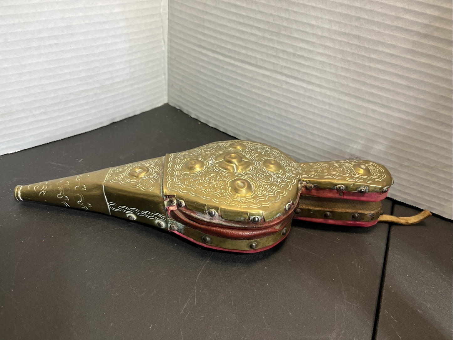 Antique French Handmade Repousse Brass Wood Fireplace Bellow