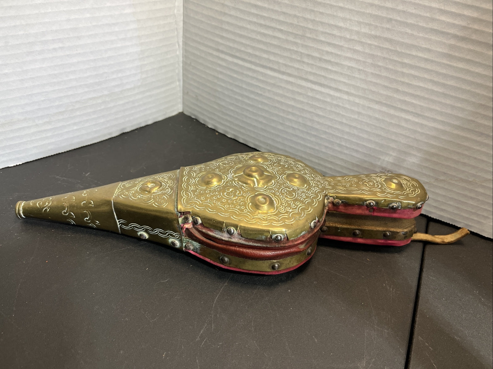 Antique French Handmade Repousse Brass Wood Fireplace Bellow