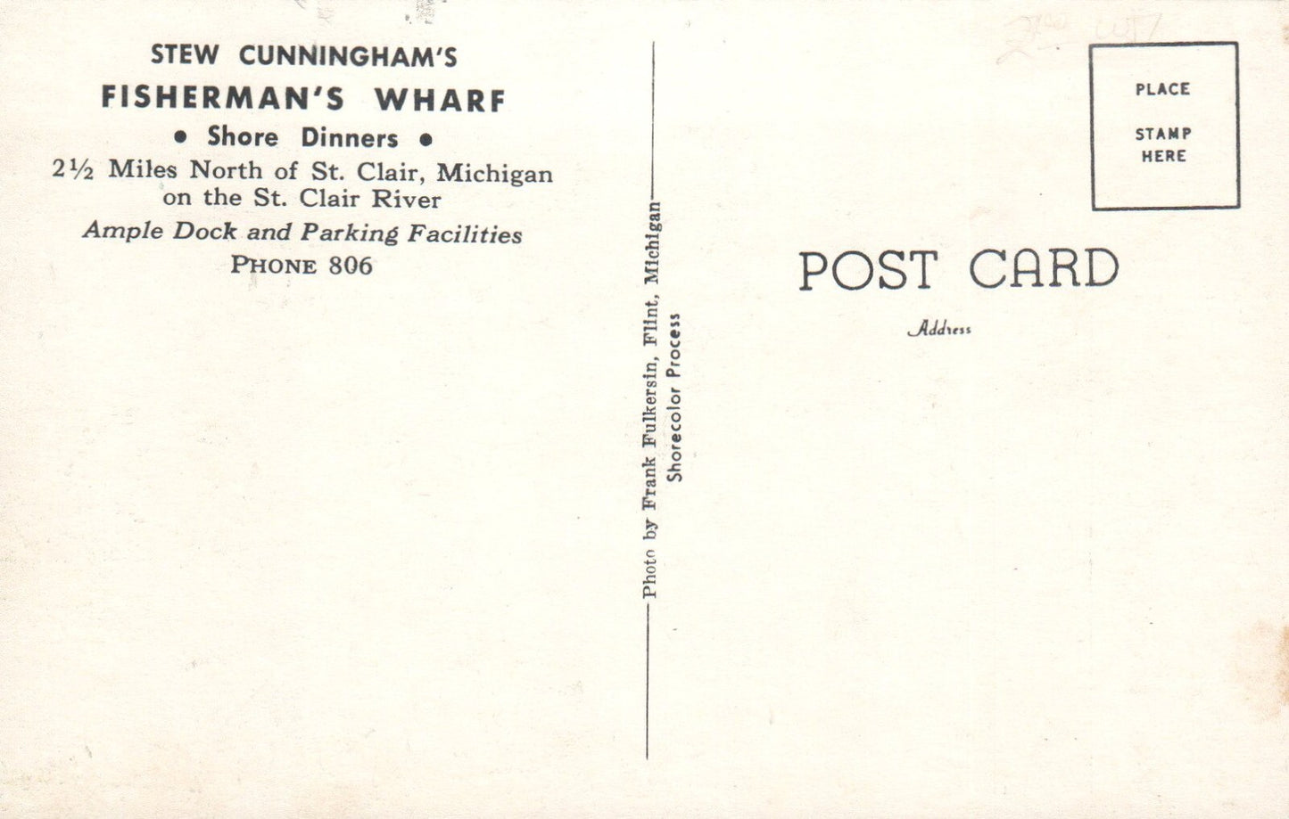 Stew Cunningham's Fisherman's Wharf St. Clair Michigan Mich Postcard