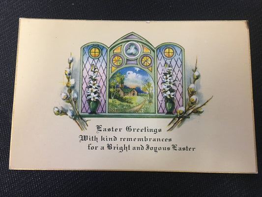 Yellow Background Scenic View Through Stained Glass Window  Easter Postcard