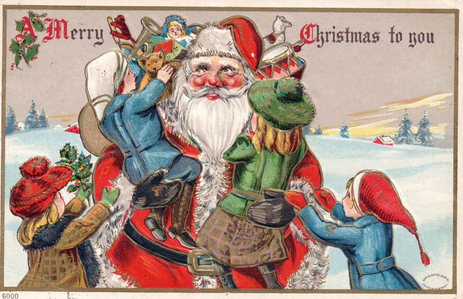 Merry Christmas To You Children Climbing on Santa with Gifts Vtg Santa Postcard