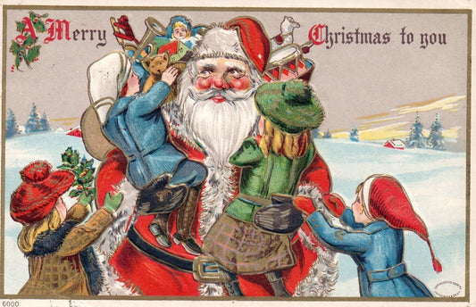 Merry Christmas To You Children Climbing on Santa with Gifts Vtg Santa Postcard