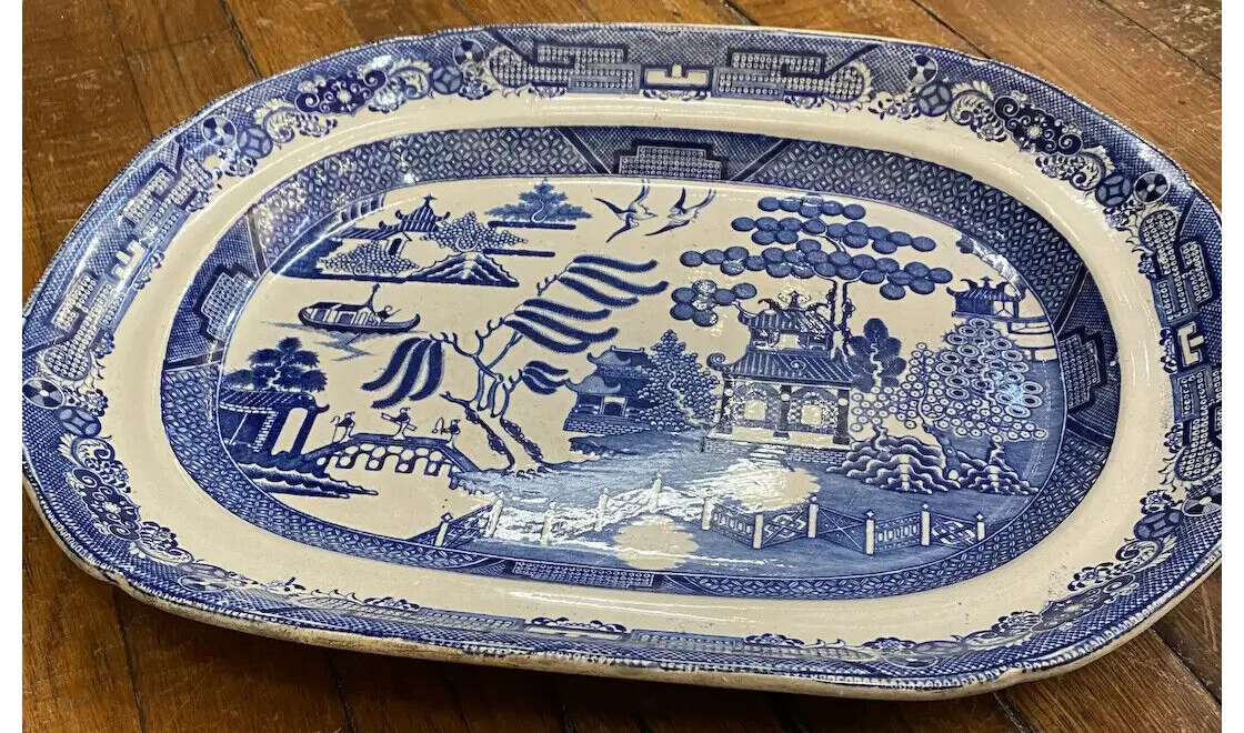 c1860 Staffordshire Adams Blue Willow Antique Platter 17" x 13" White