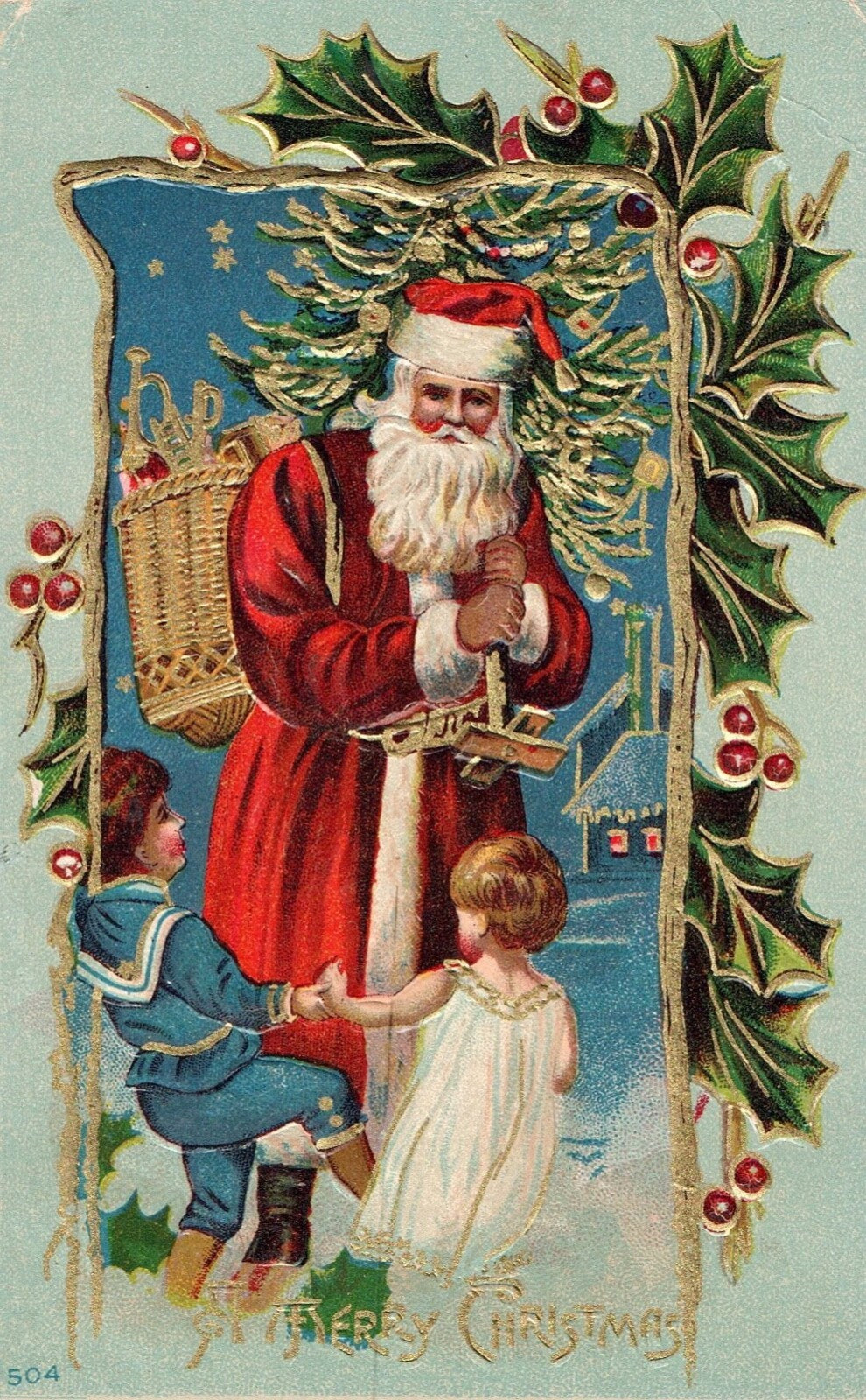 A Merry Christmas Gold Gilt Santa with Children Vintage Santa Postcard