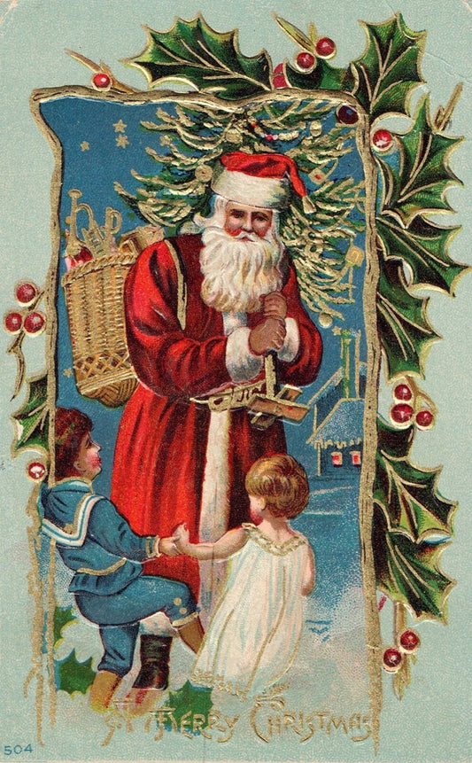 A Merry Christmas Gold Gilt Santa with Children Vintage Santa Postcard