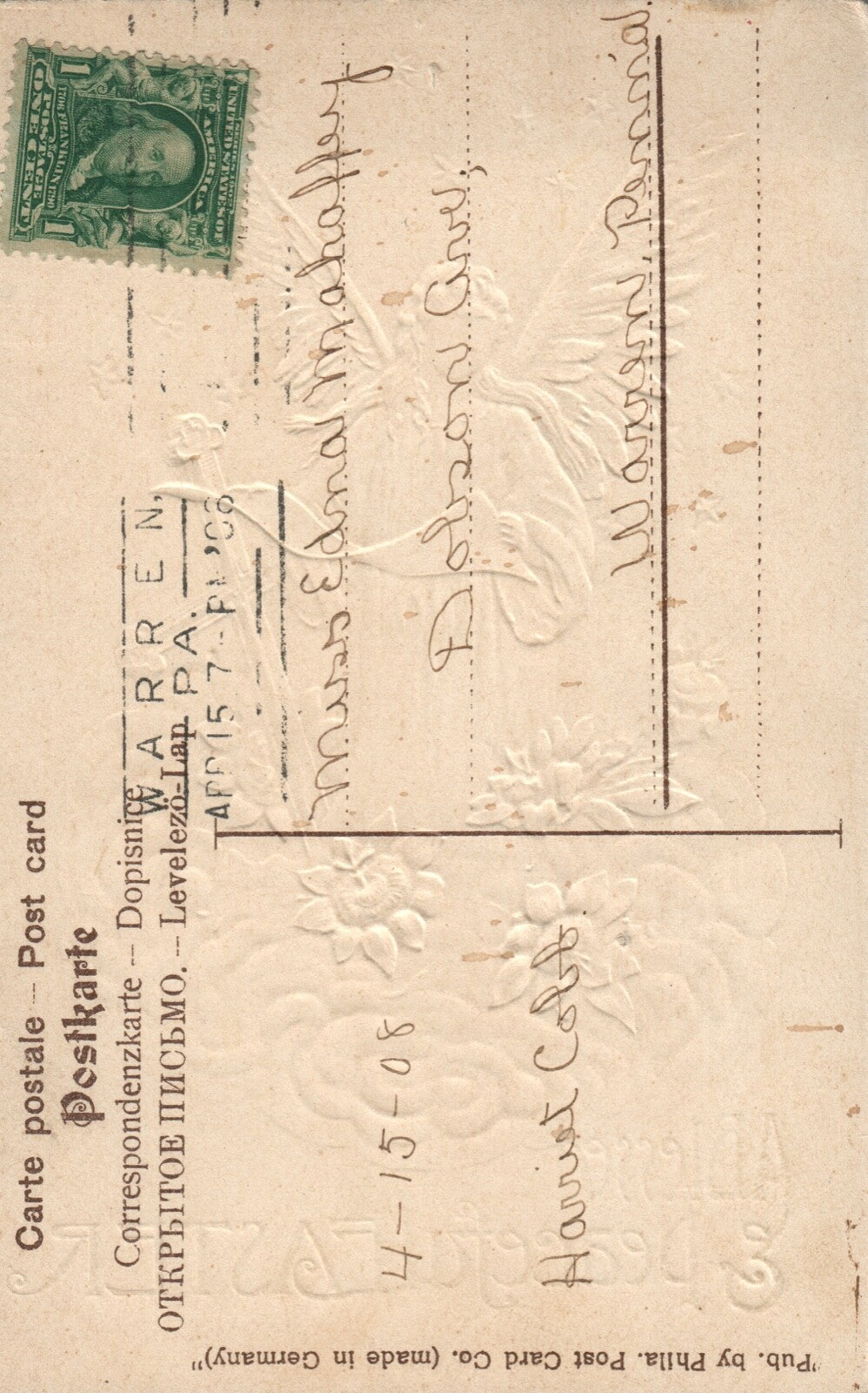  Easter Angel in Clouds Gold Embossed cross wings Postcard