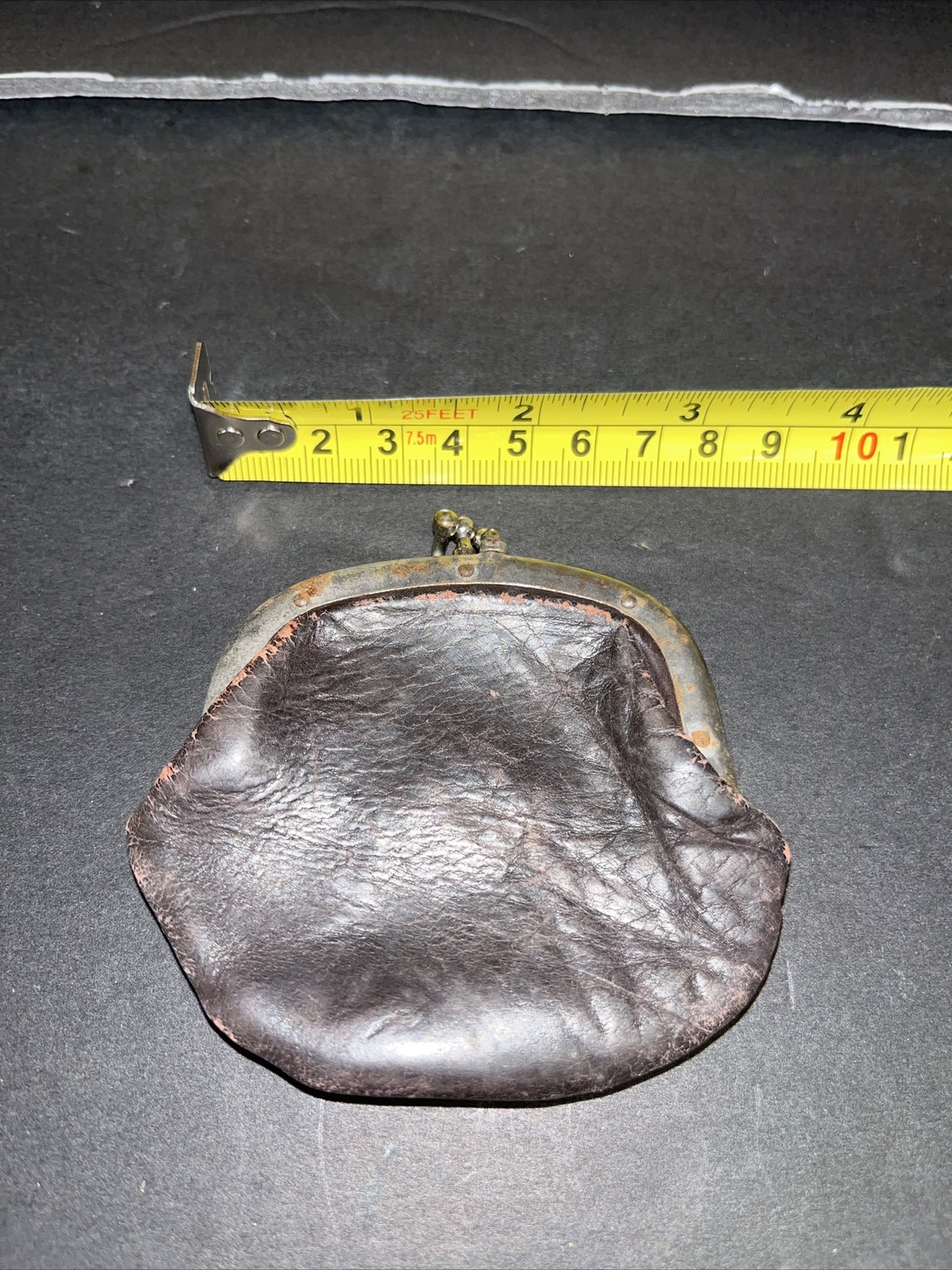 Vintage Coin Purse Dark Brown Leather Tiny KissLock Coin Purse 3” X 2.5”