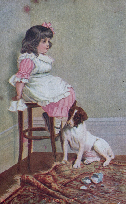 Little Girl Dressed in Pink with Dog "In Disgrace"  Vtg Children Postcard