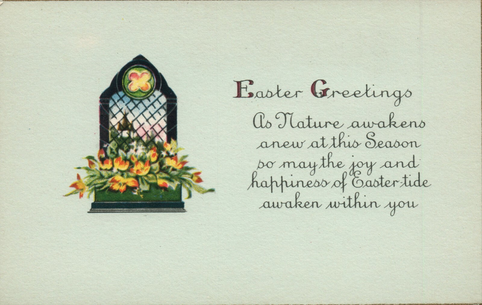 Blue Background Gold Border Stained Glass Tulips  Easter Greetings  Postcard