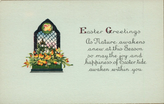 Blue Background Gold Border Stained Glass Tulips  Easter Greetings  Postcard
