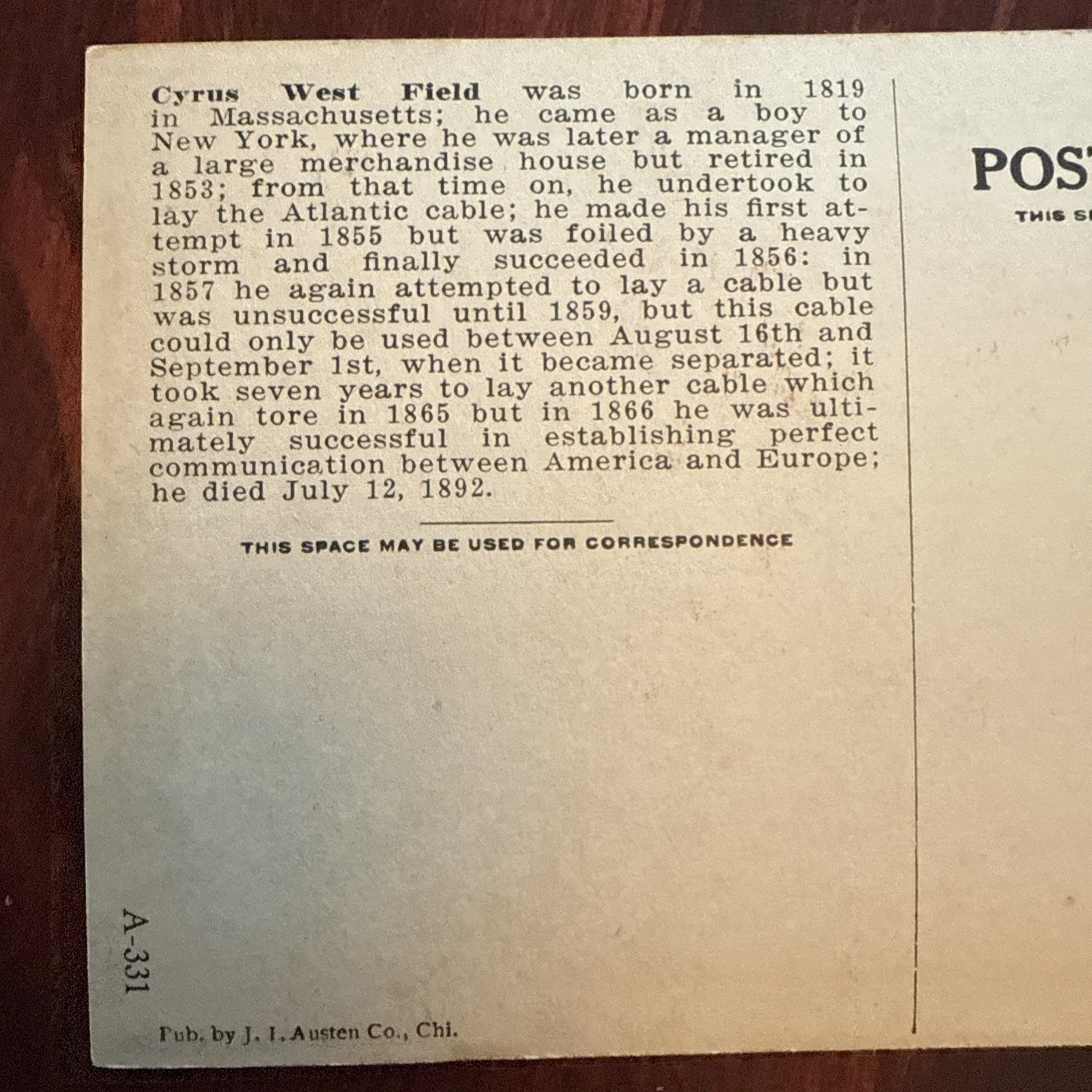 Cyrus West Field by J I Austen Postcard Anvil Ship Plane Train c1910's *Scarce