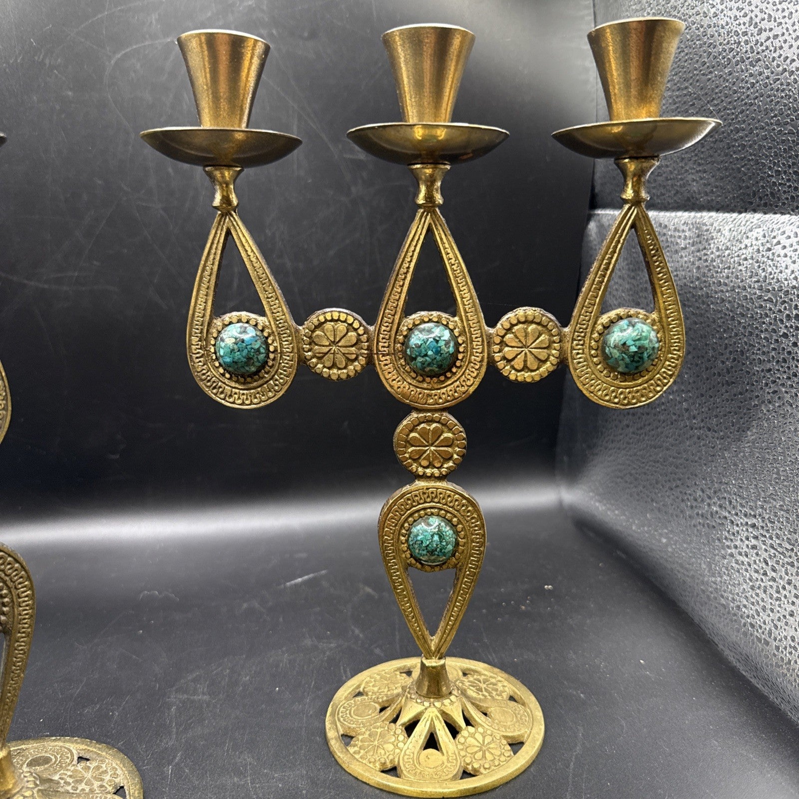 Vtg Israelian holyland brass candlesticks w/green Eliats