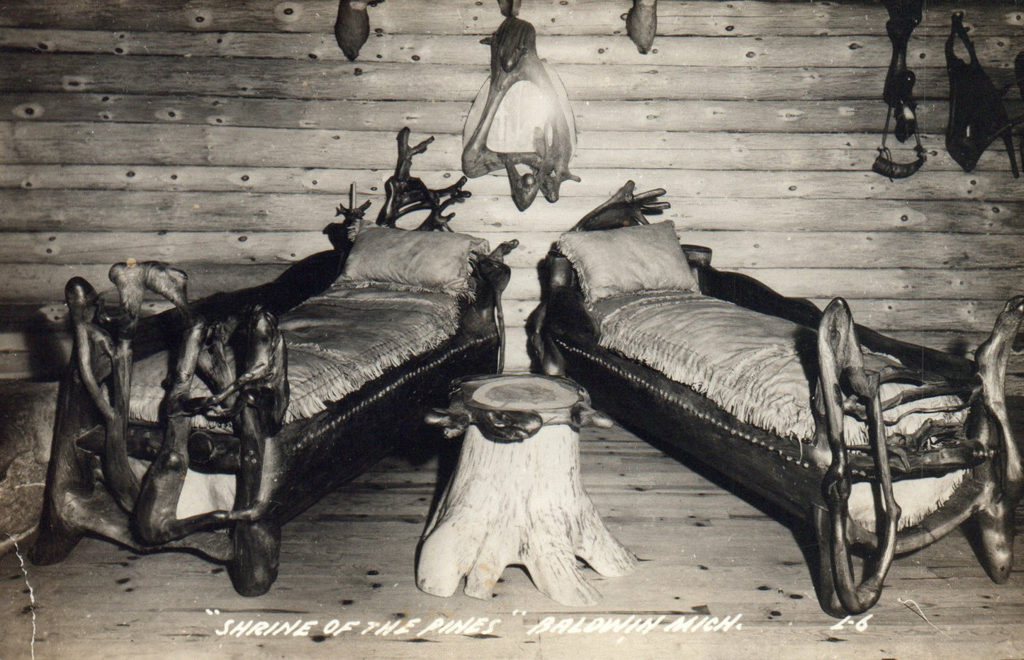 Real Photo Shrine of the Pines Baldwin Mich MI Michigan Postcard tree Bed  