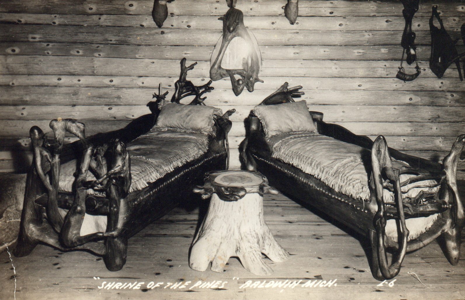 Real Photo Shrine of the Pines Baldwin Mich MI Michigan Postcard tree Bed  