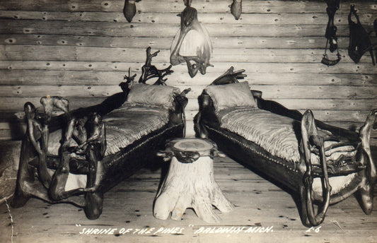 Real Photo Shrine of the Pines Baldwin Mich MI Michigan Postcard tree Bed  