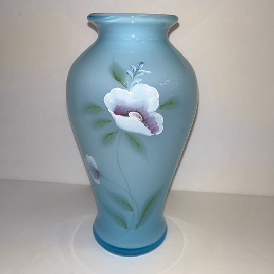 FENTON ART GLASS 2002 BLUE TOPAZ OVERLAY HAND PAINTED 9.5" VASE ~WILLIAMS