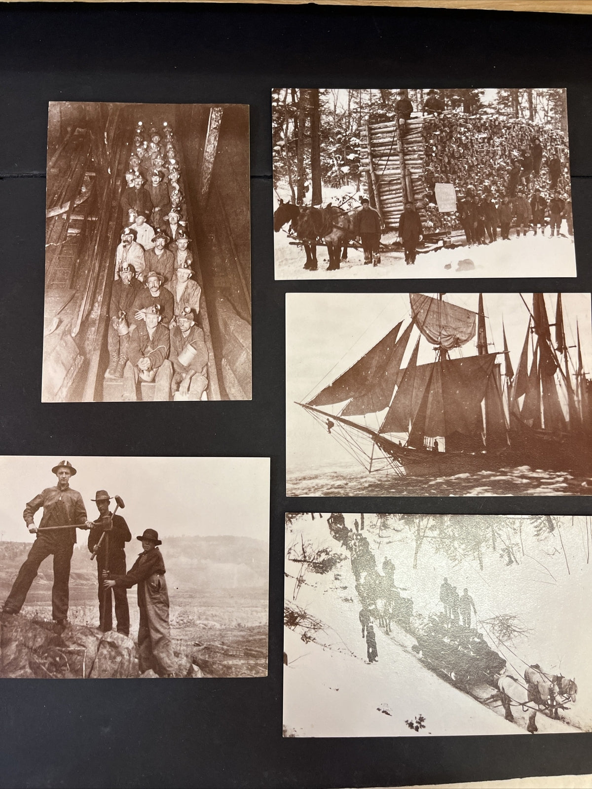 Postcards Lot Of 5, Coal Mine Logging Horse Drawn, Ship On Lake Superior