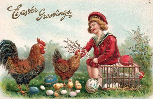 Easter Greetings Boy with Roosters & Chicks & Eggs Vintage Easter Postcard