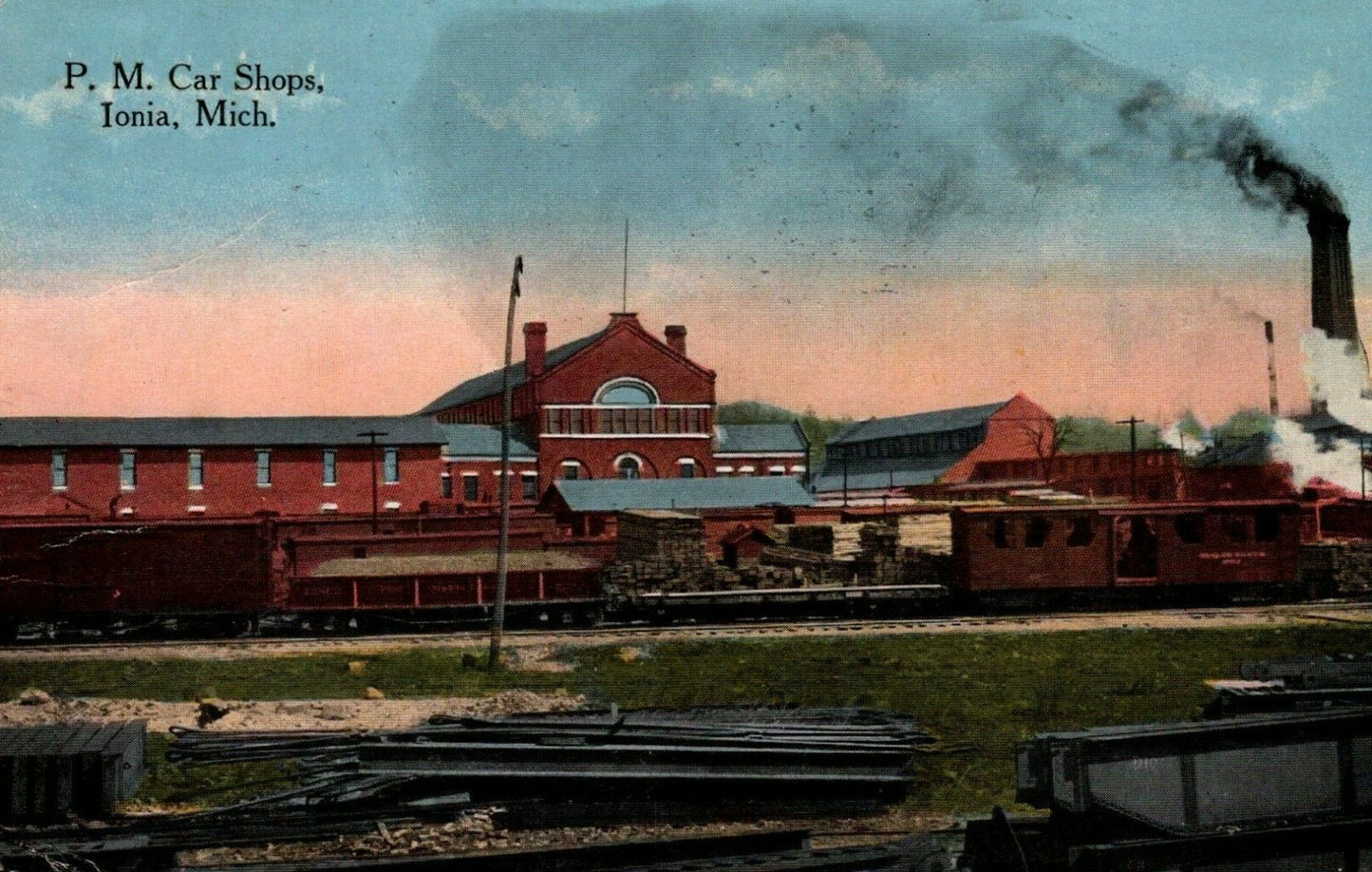 PM Car Shops Ionia Michigan Building Train Smokestack MI Mich Postcard 5316