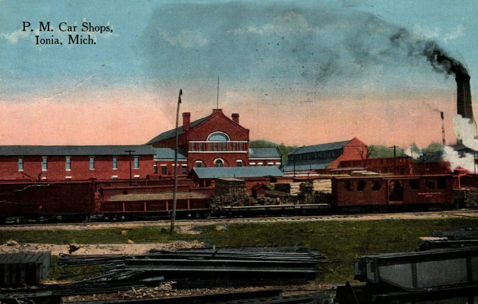 PM Car Shops Ionia Michigan Building Train Smokestack MI Mich Postcard 5316