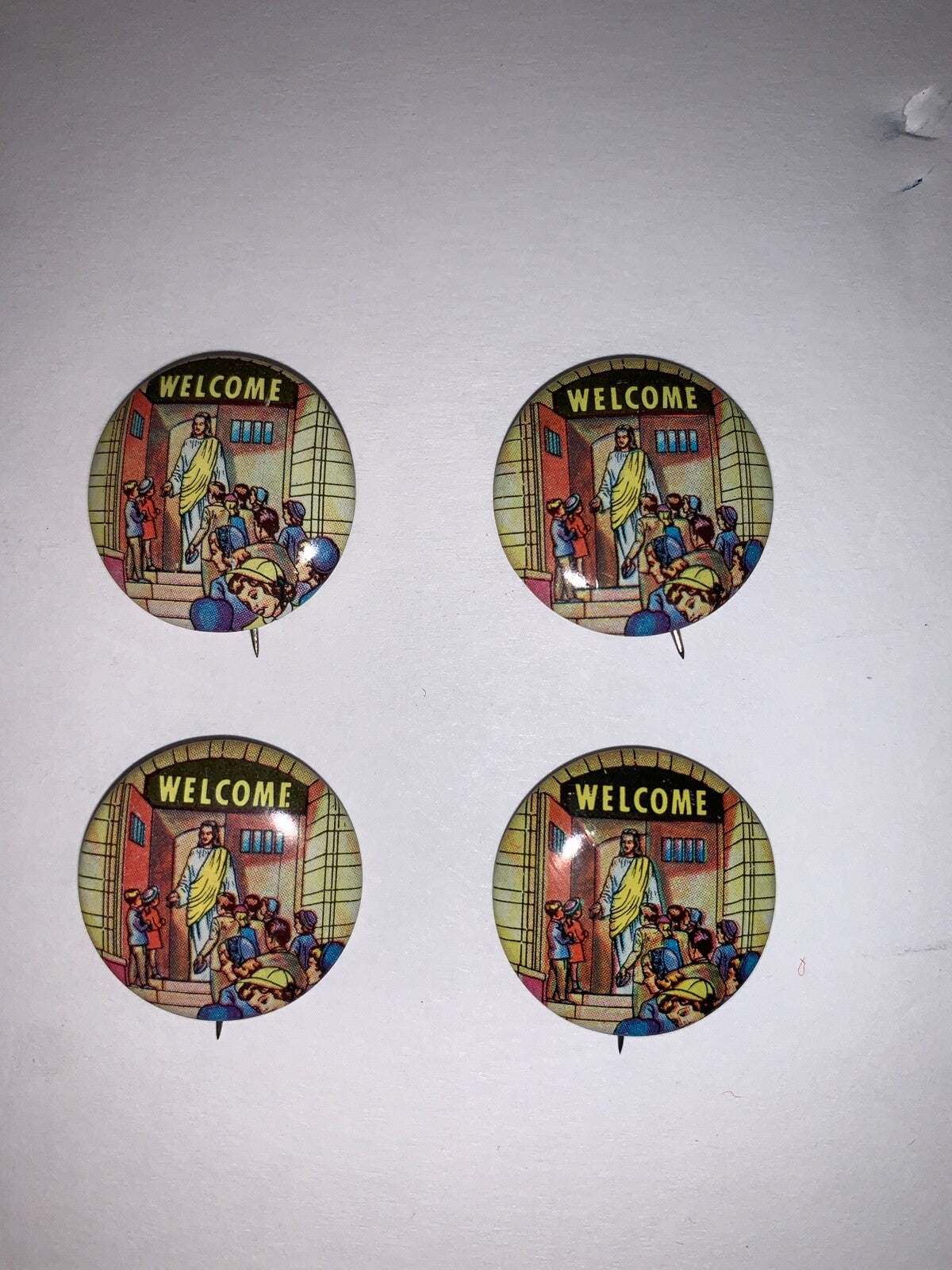 Lot of 4 Vintage Sunday School Jesus Welcomes 1" Litho Pinback