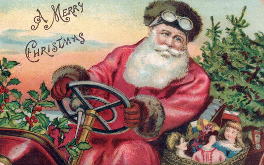 A Merry Christmas Santa Driving Car with Toys in it Vintage Santa Postcard