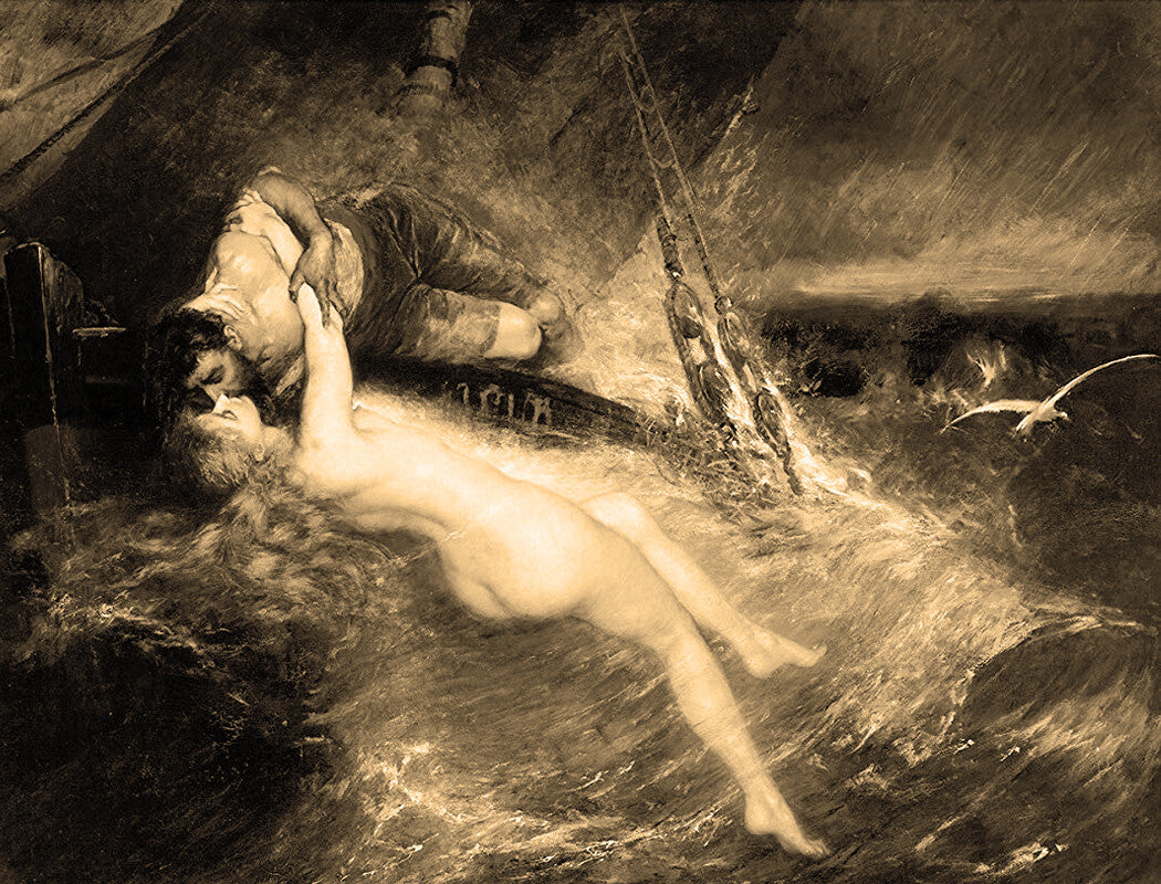 1889 Charcoal on Silk Art "Kiss of The Siren" Artist Signed Patton  CW Post 
