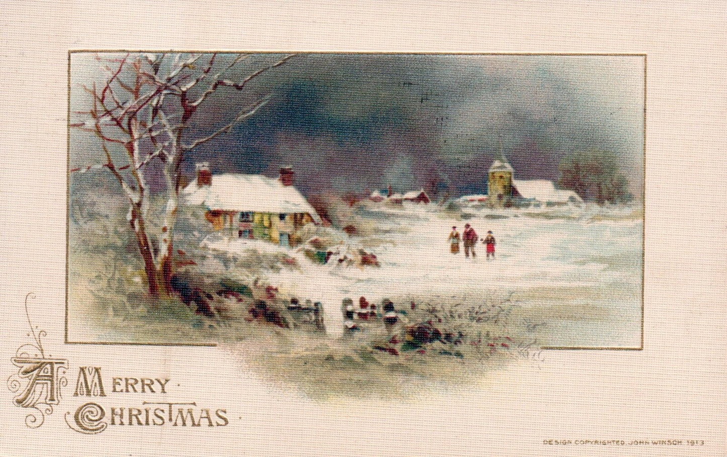 John Winsch A Merry Christmas Family Walking in the Snow Vintage Postcard