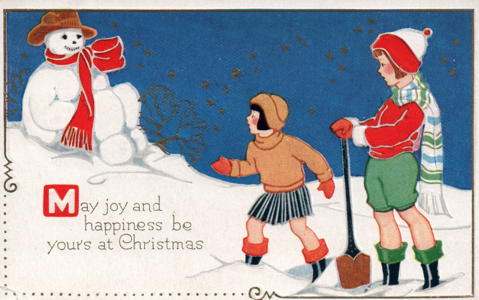 May Joy & Happiness Be Yours at Christmas Snowman Vintage Christmas Postcard