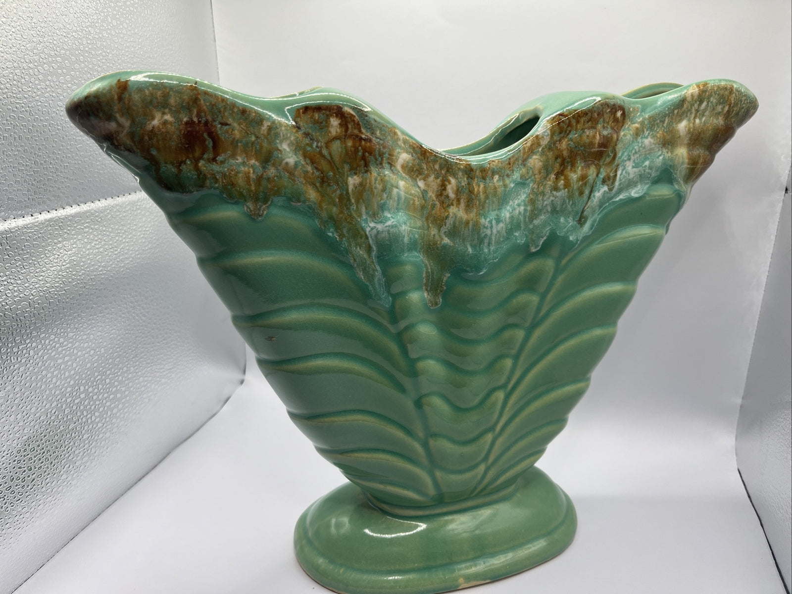 Vintage Roseville Pottery, Triple Drip Fan Vase, Teal green