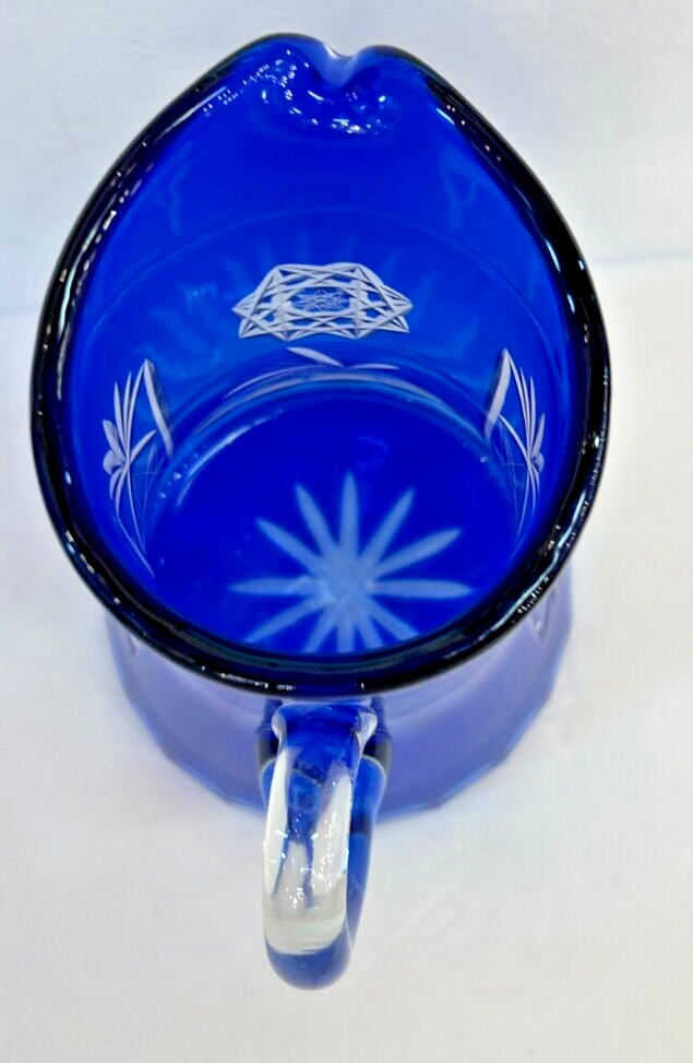 Vintage 9.5" Bohemian Czech Cut crystal Cobalt Blue Glass Pitcher