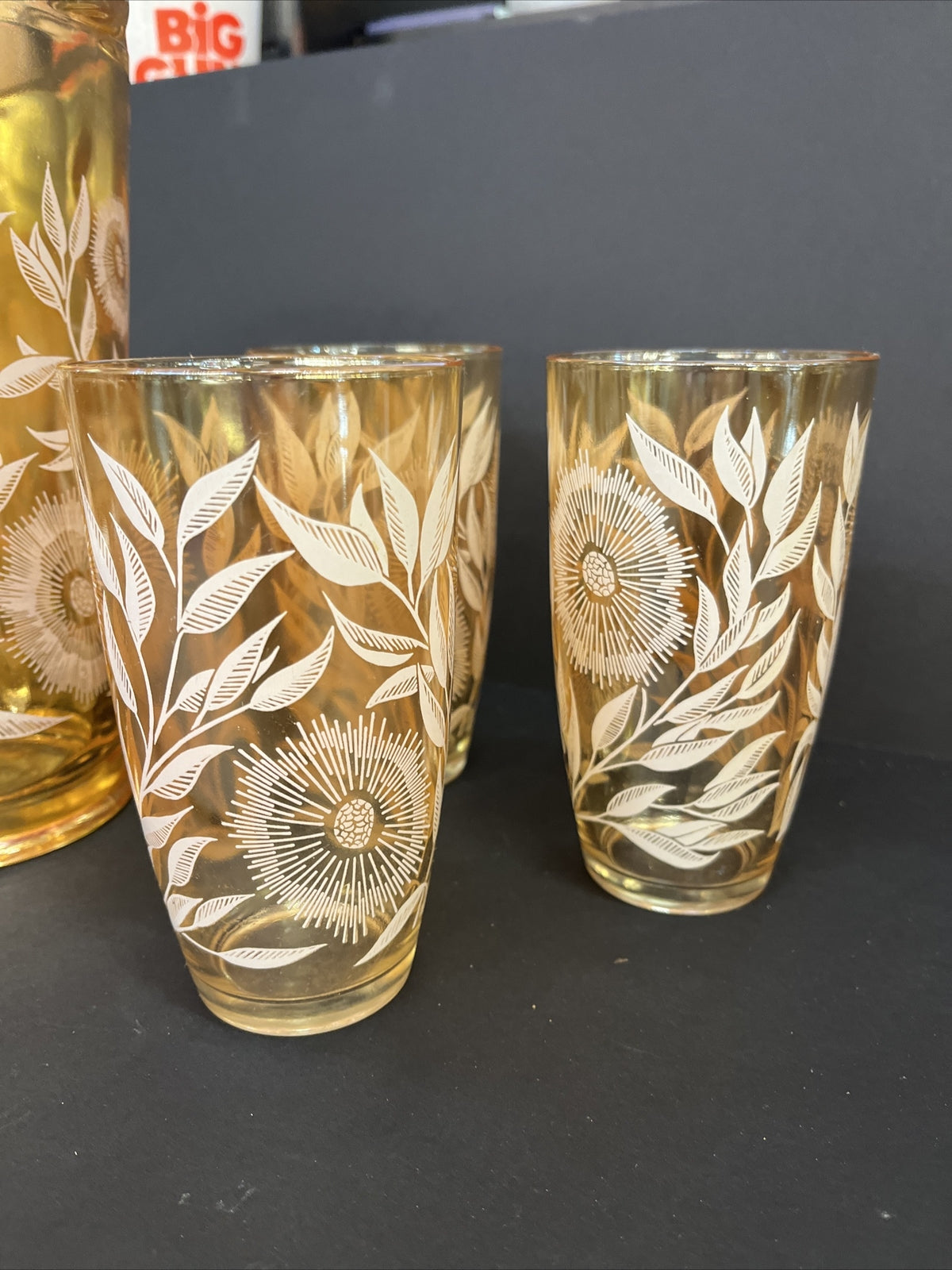 vtg Marigold Carnival Glass Pitcher 9.75" Hand Painted Sun Flowers w/ 2 glasses