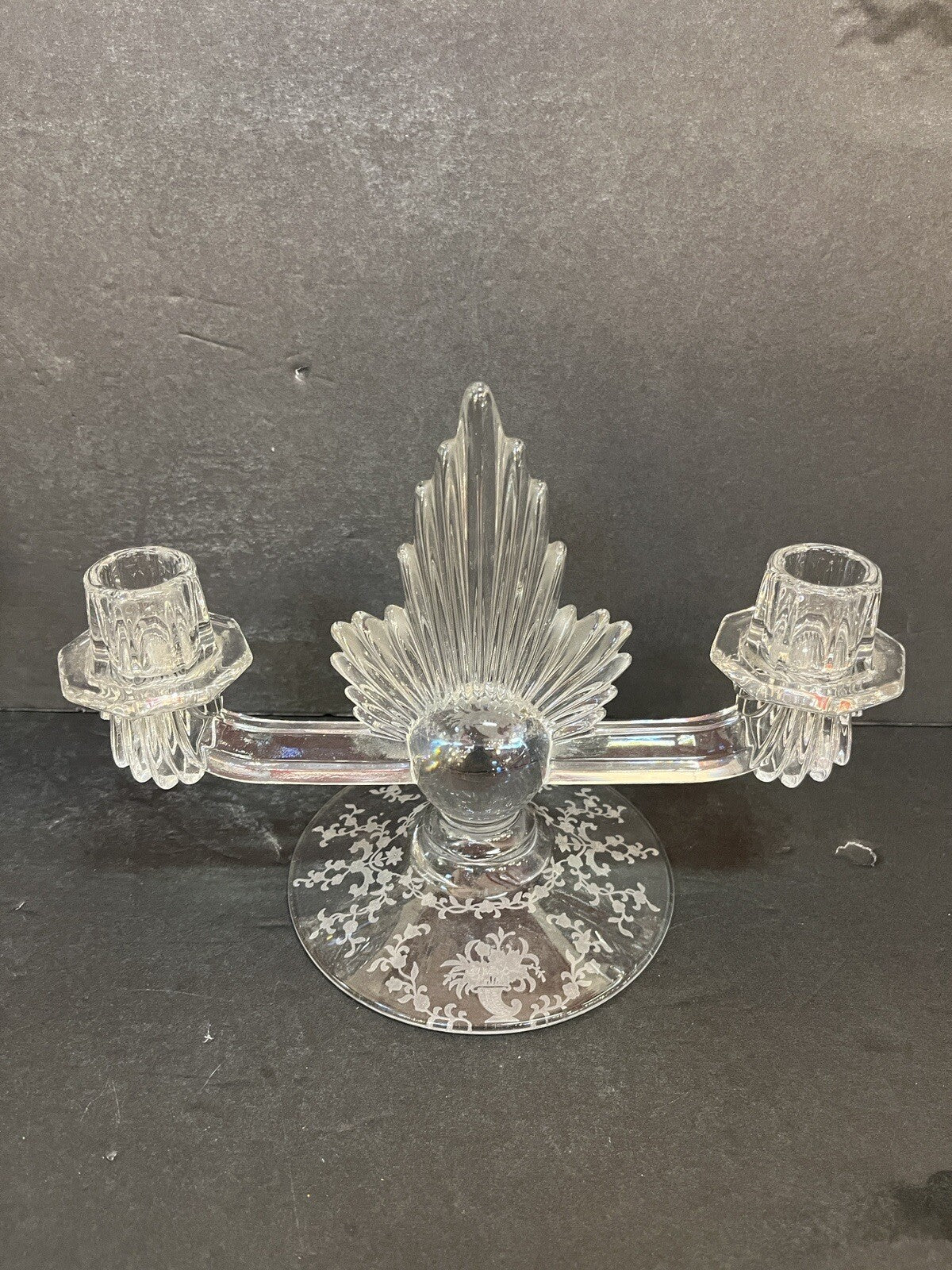 VTG art deco FOSTORIA double flame lido CRYSTAL Candleholder w/etched base (2)