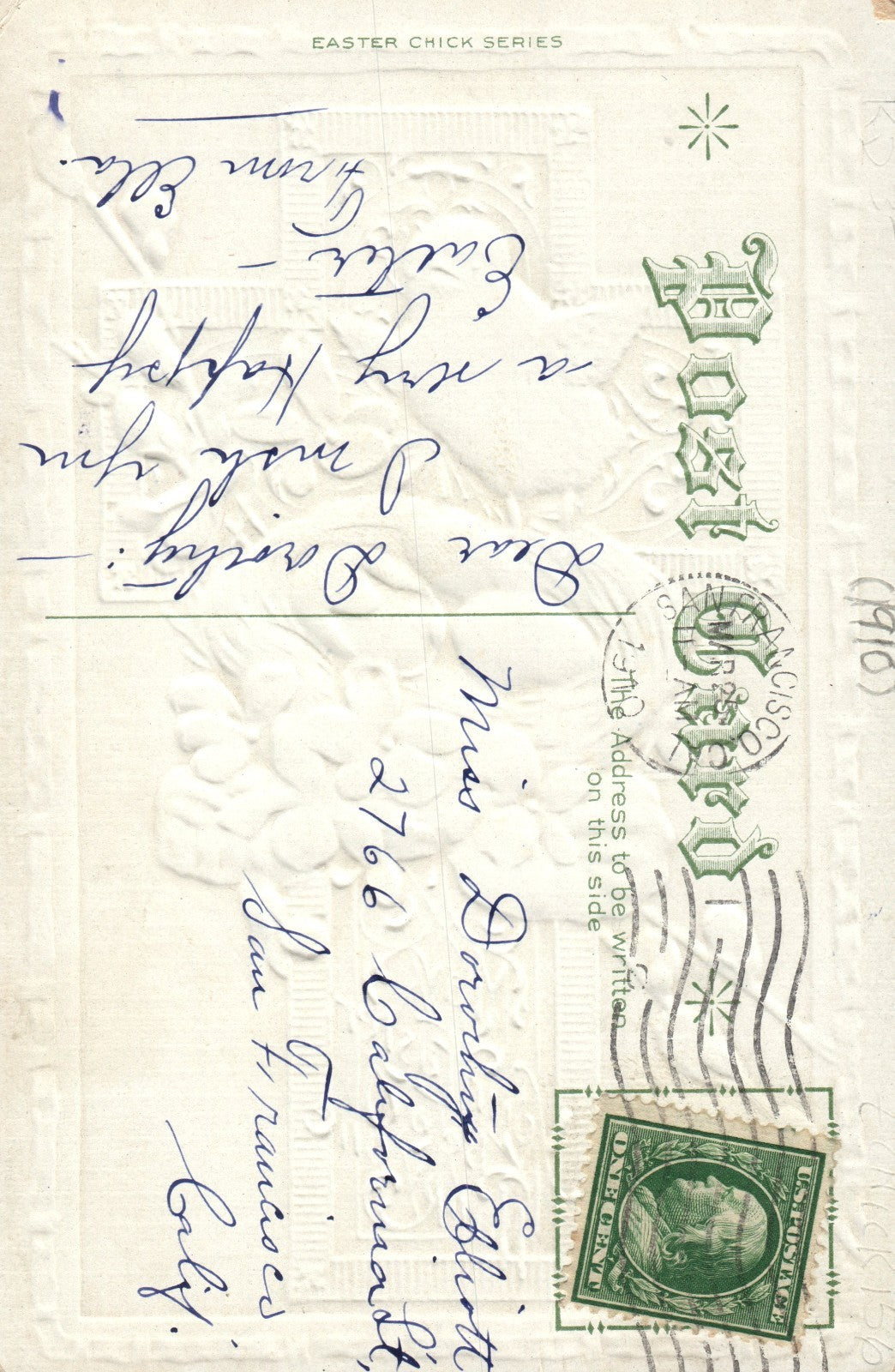 Embossed Silver Metallic Cross Chick and Broken Egg Easter Greetings Postcard