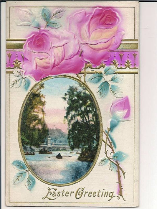 Heavy Embossed Pink Rose Boat Easter Postcard