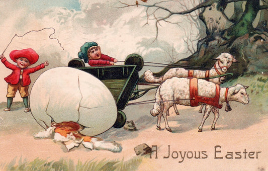 A Joyous Easter Cracked Egg with Sheep Pulling Wagon Vintage Easter Postcard