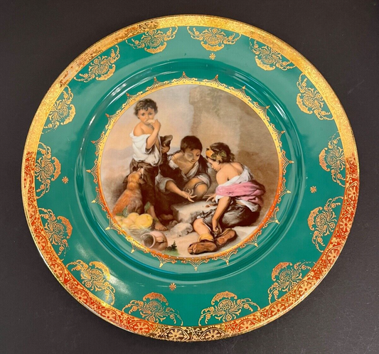 Vintage Bavaria Green Decorative Plate with Gold Trim Group of Boys with Dog