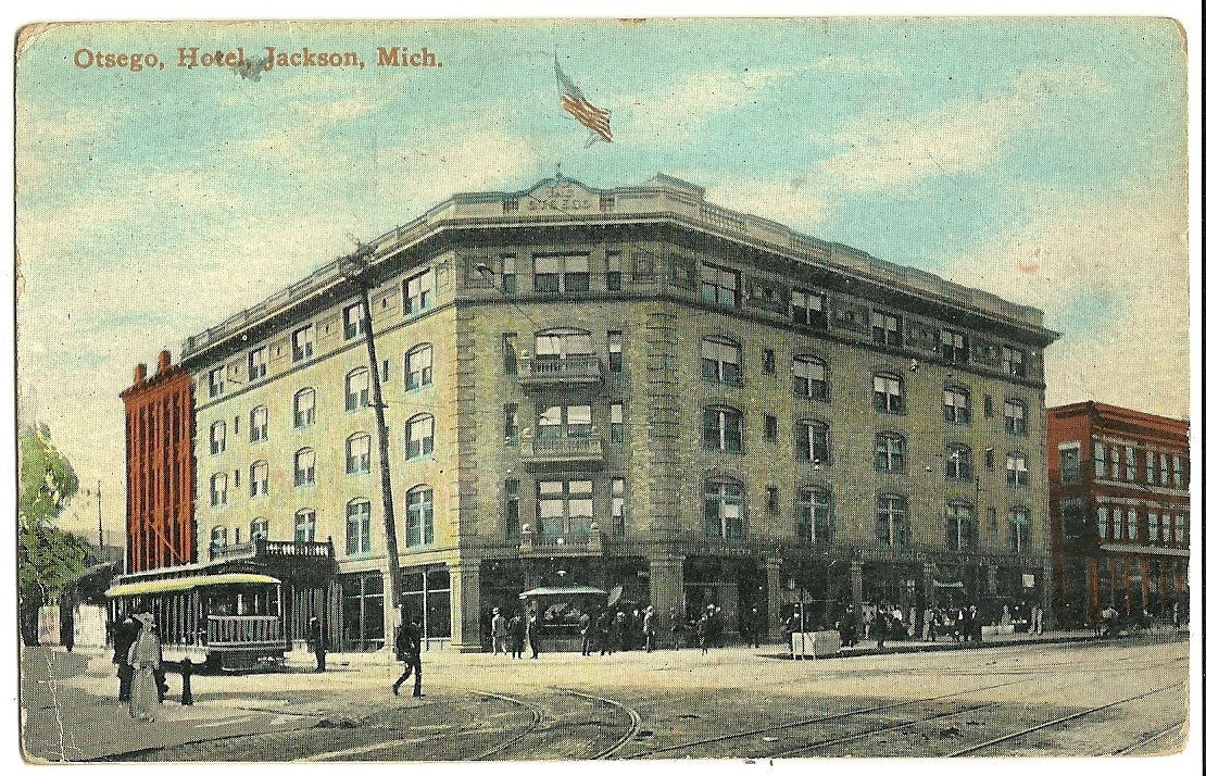Otsego Hotel Jackson MI Michigan Postcard Trolley