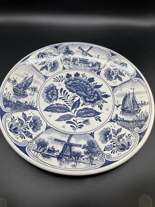 Delft Dutch Blauw Blue and White Floral Plate Signed Hand PaintedMade in Holland