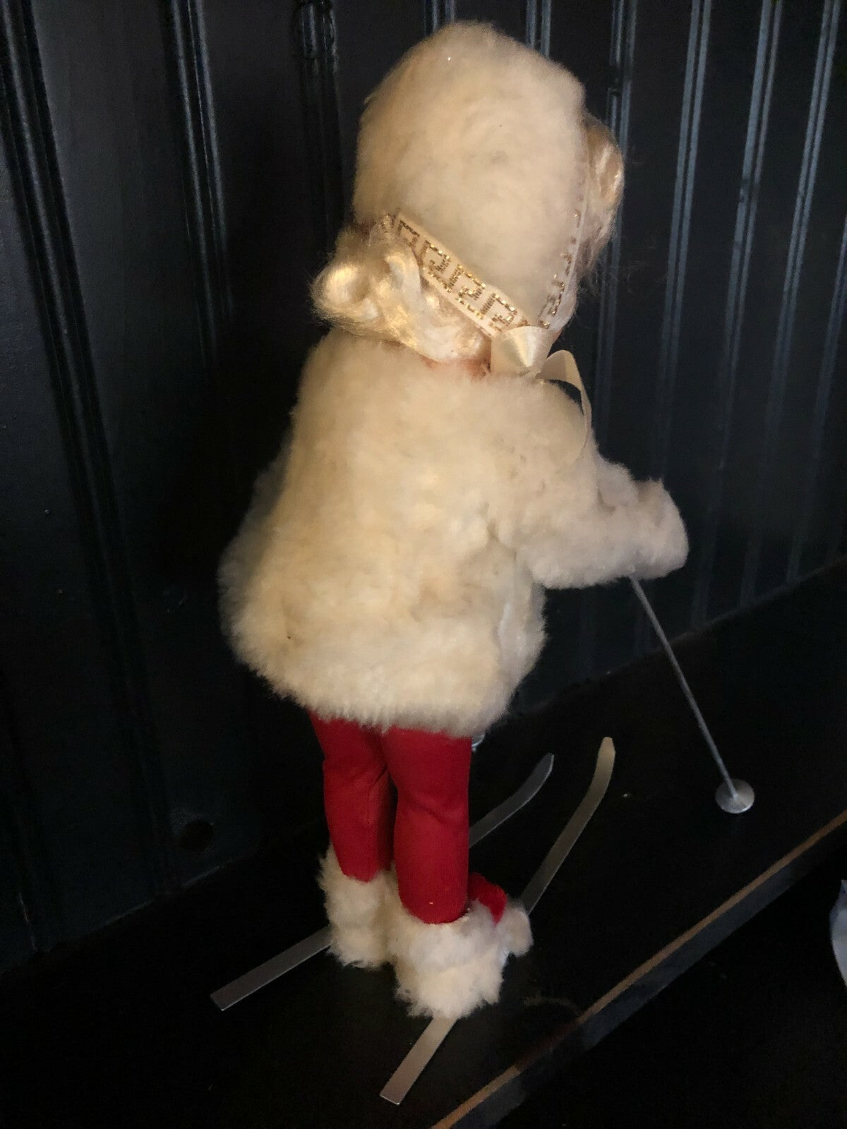  Porcelain Doll  White Fur Coat  12" Tall with Skis and polls
