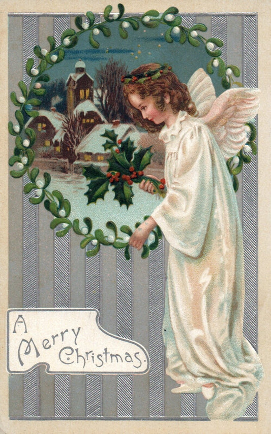 A Merry Christmas Angel with Holly Looking over Village Angel Christmas Postcard