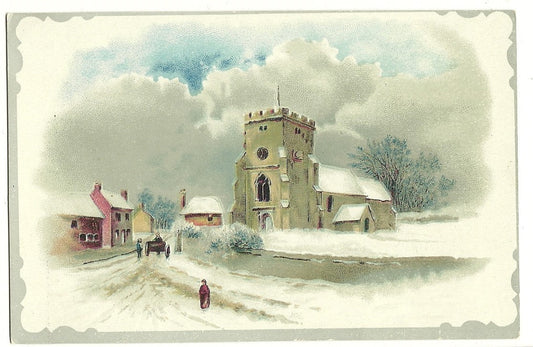 Scenic Embossed Snowy Village People Storm Clouds Silver Gray Frame Winter Card