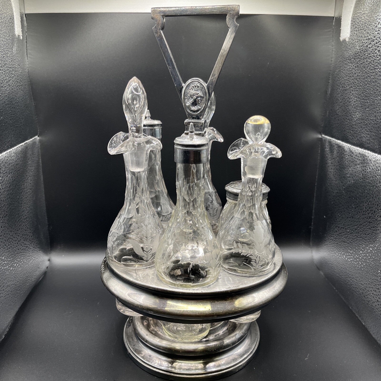 Vintage 6 Pc Condiment castor w/ Etched Glass 14.25"H.
