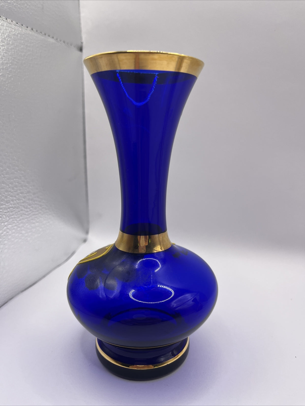 BOHEMIAN CRYSTAL COBALT BLUE VASE GILDED RAISED ENAMEL 6” TALL