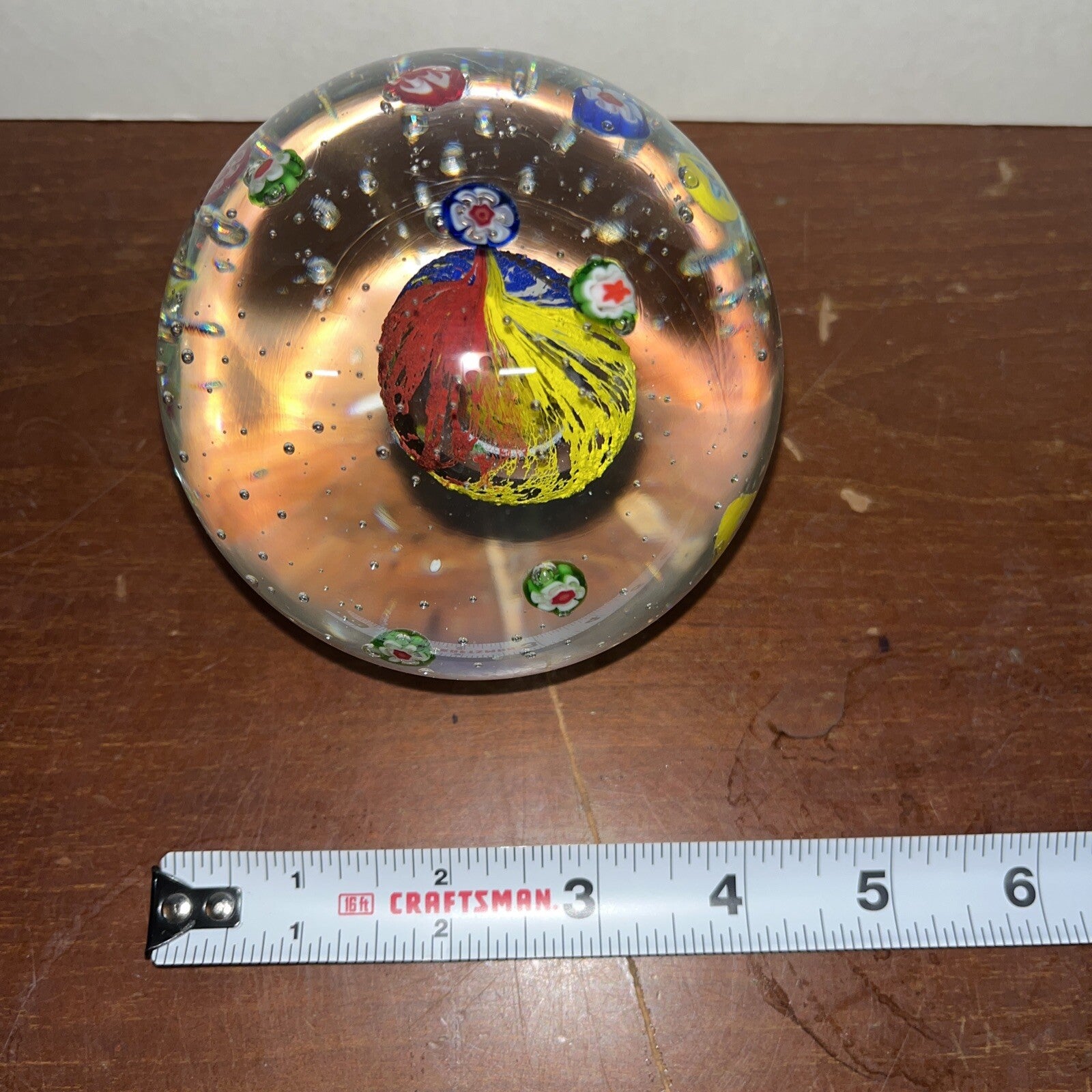 Vintage Art Glass Bubble Round Spear Paperweight Blue Red  Blue Yellow Clear 4”